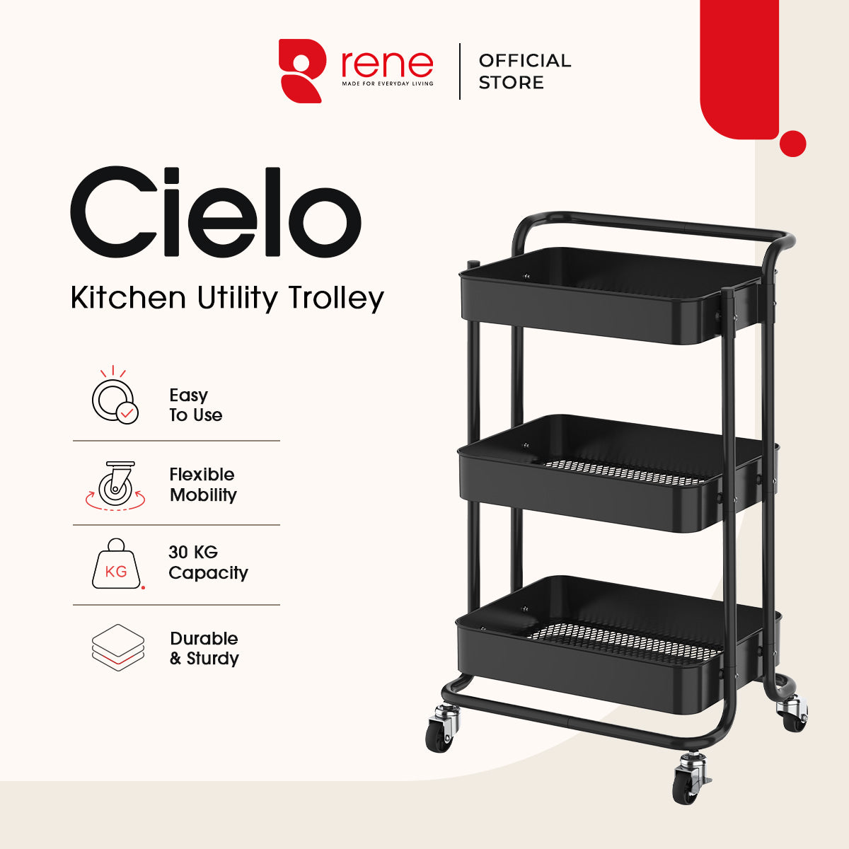 Rene Cielo 3 Tier Portable Kitchen Trolley Storage
