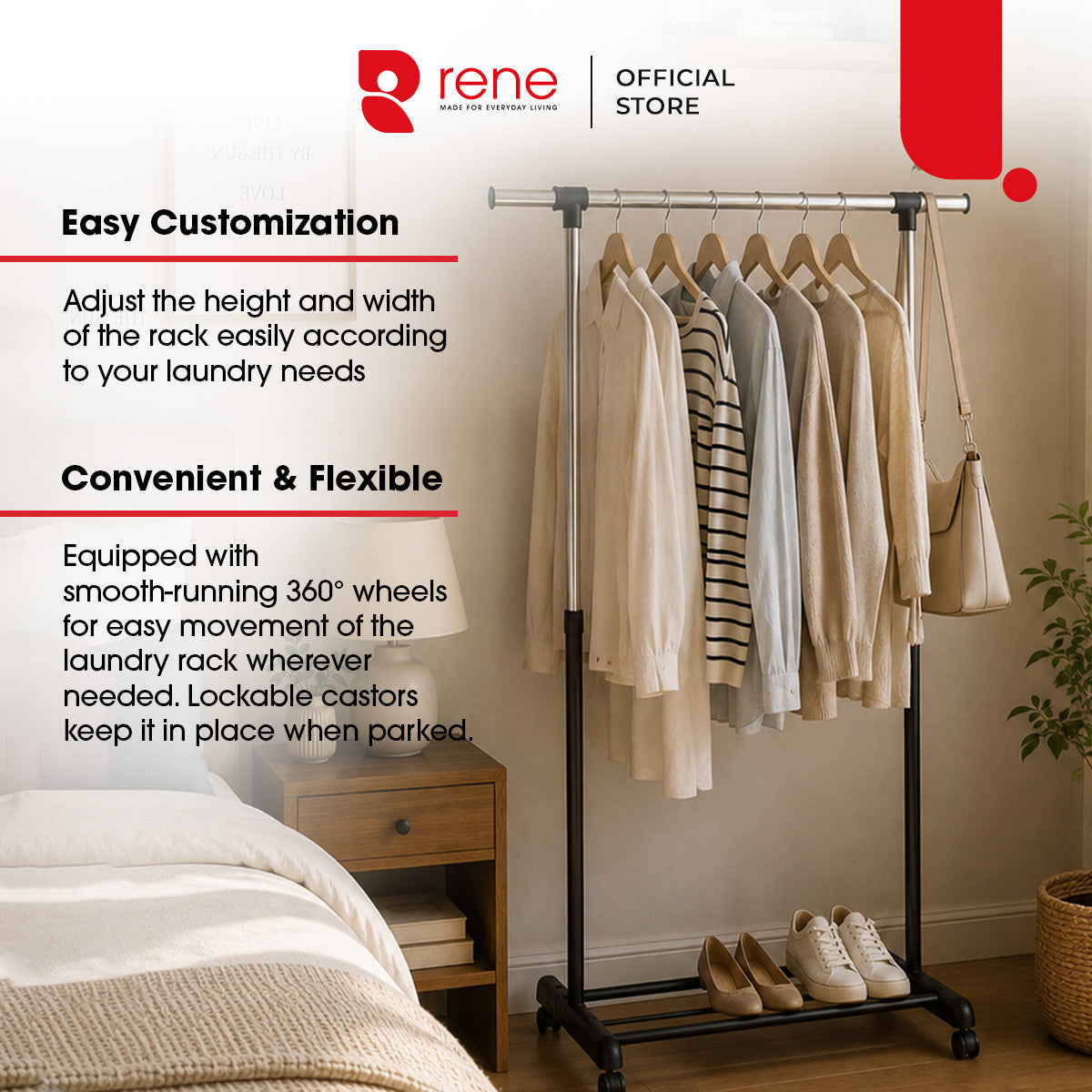 Rene Uno Adjustable Single-Rail Drying Rack [ Indoor Drying ]