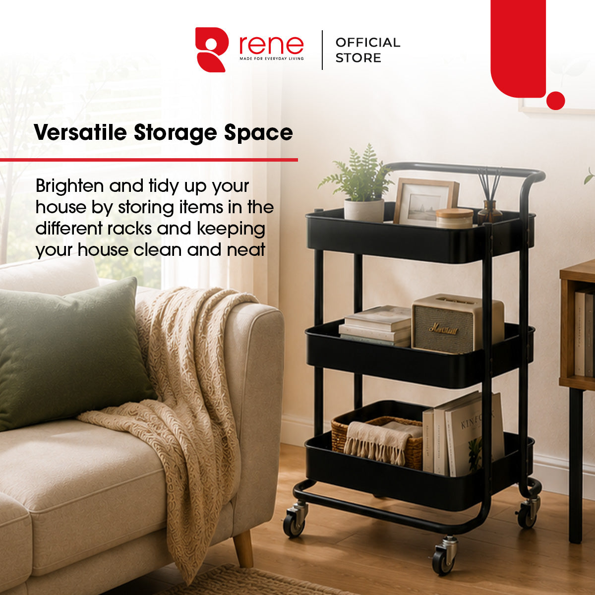 Rene Carro 3 Tier Portable Kitchen Trolley Storage