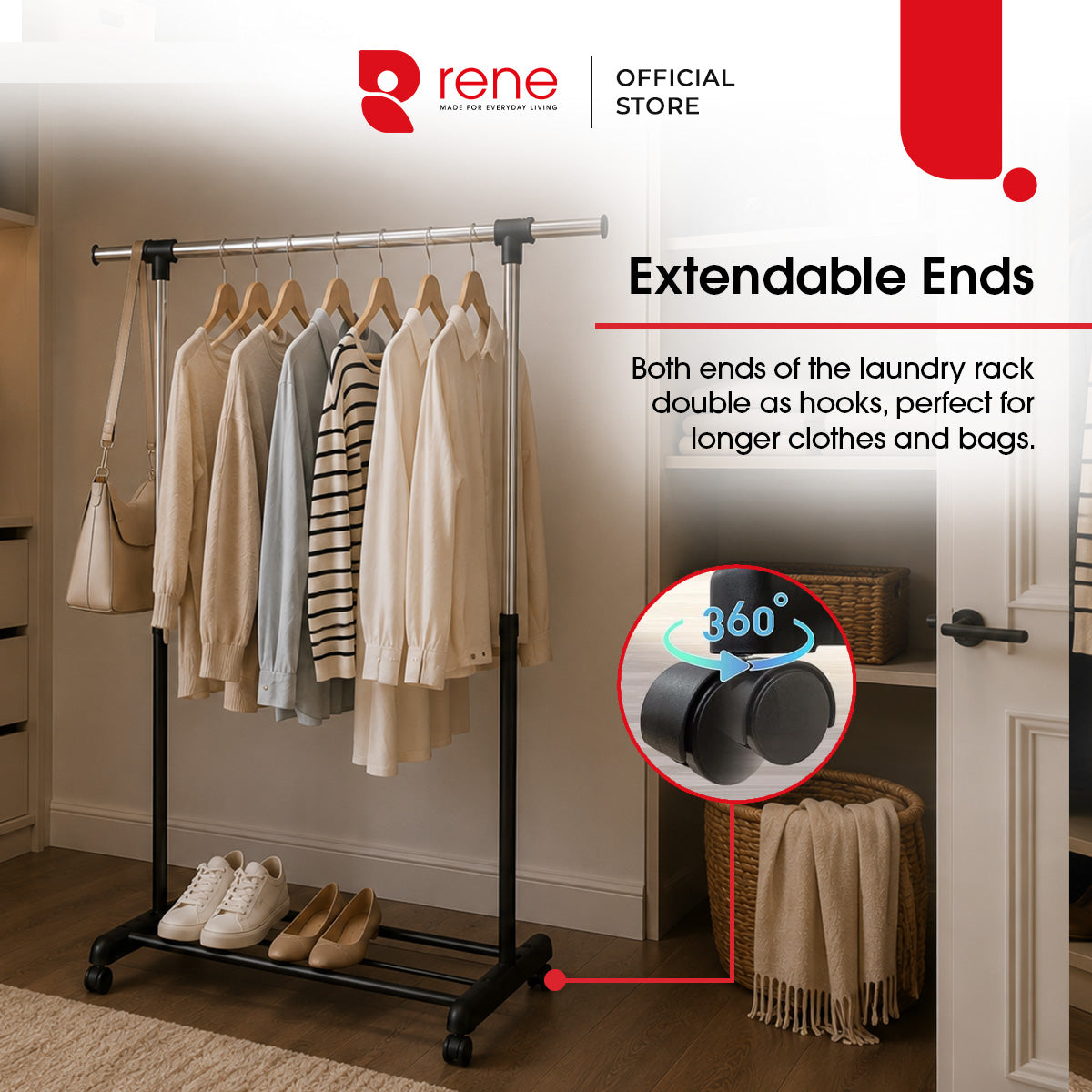 Rene Uno Adjustable Single-Rail Drying Rack [ Indoor Drying ]