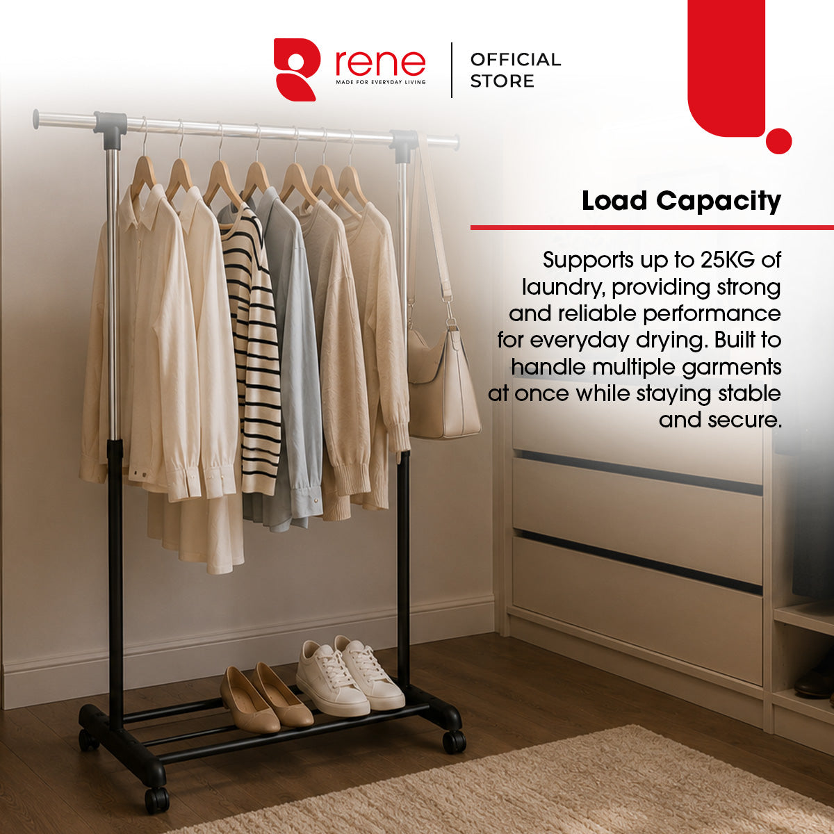 Rene Uno Adjustable Single-Rail Drying Rack [ Indoor Drying ]
