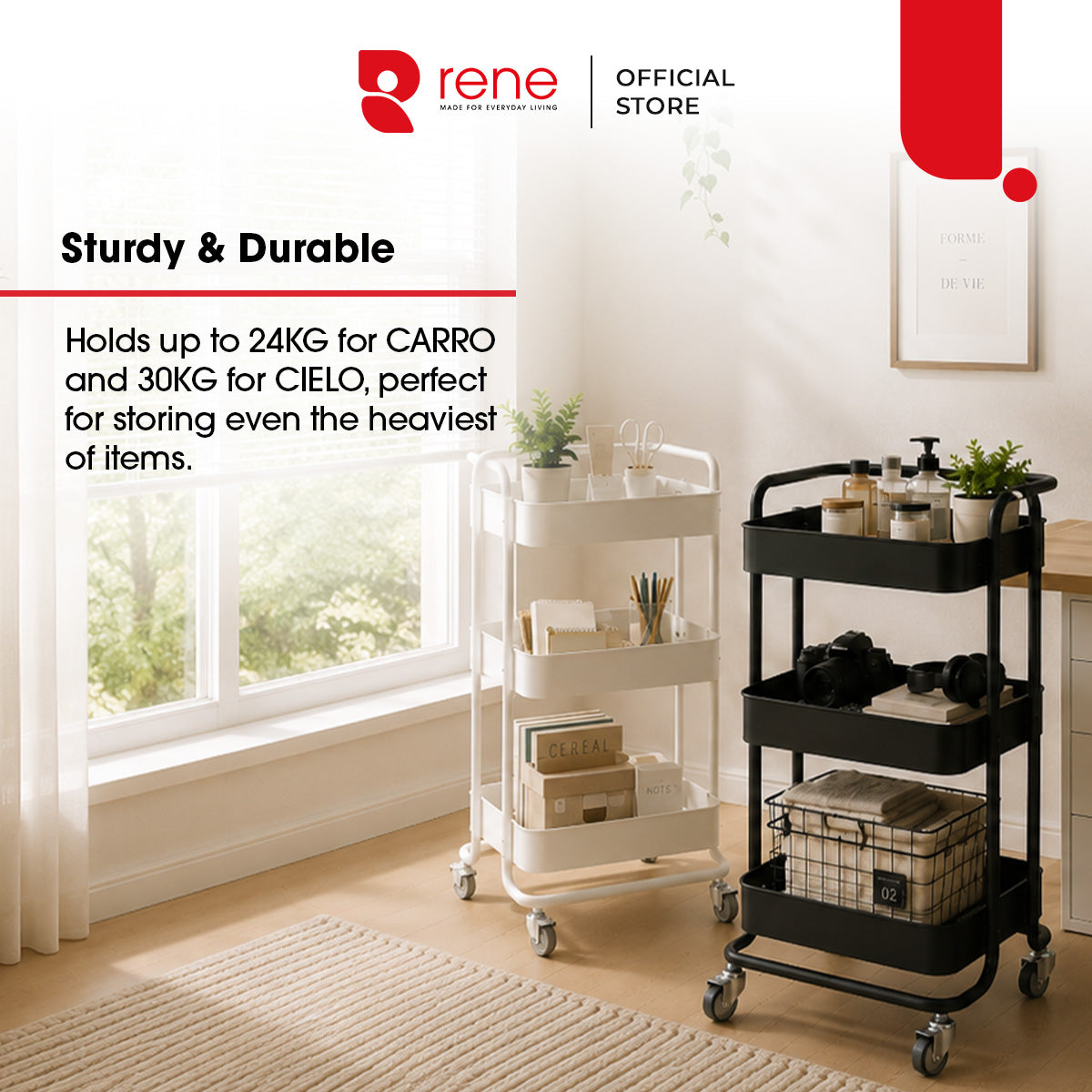 Rene Carro 3 Tier Portable Kitchen Trolley Storage