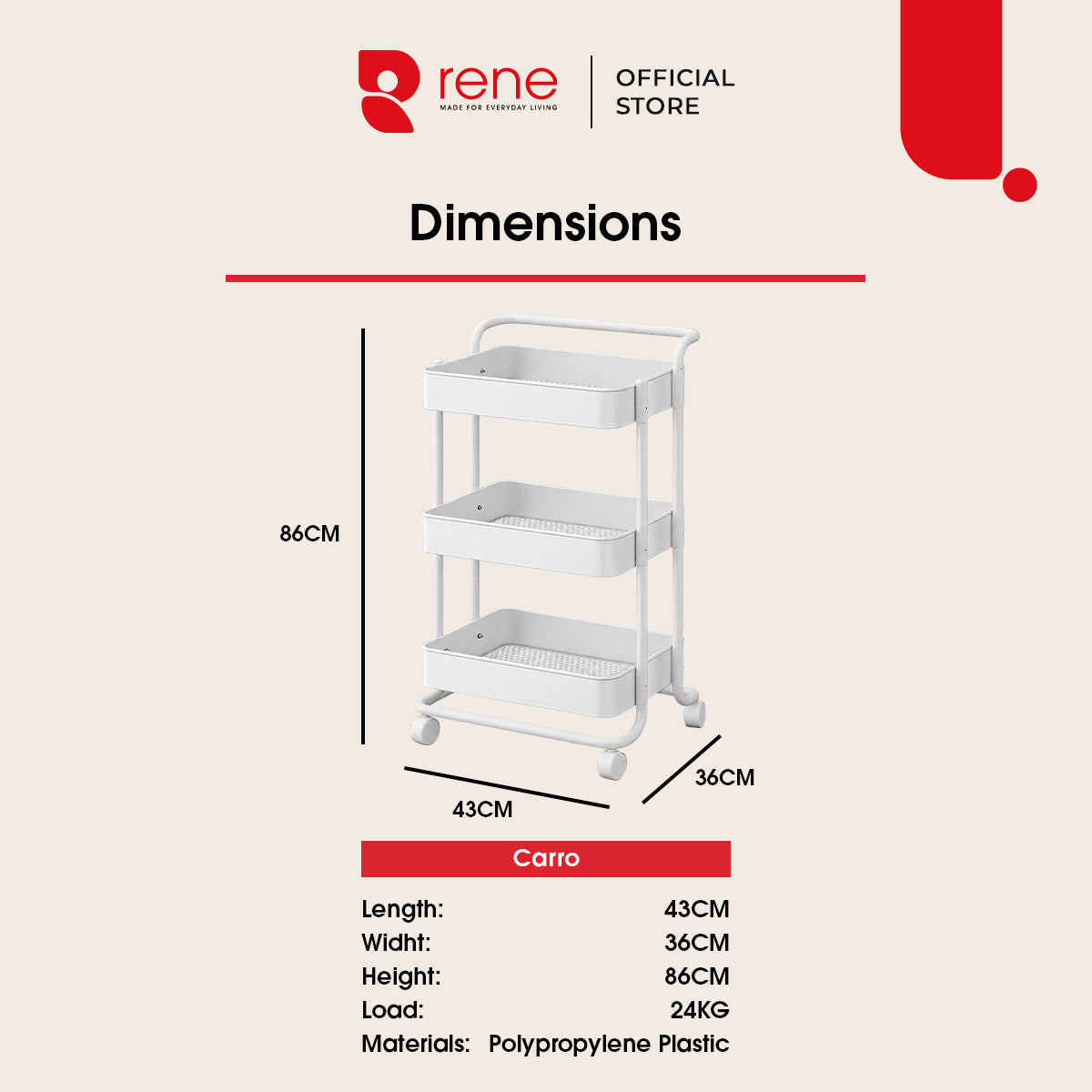 Rene Carro 3 Tier Portable Kitchen Trolley Storage