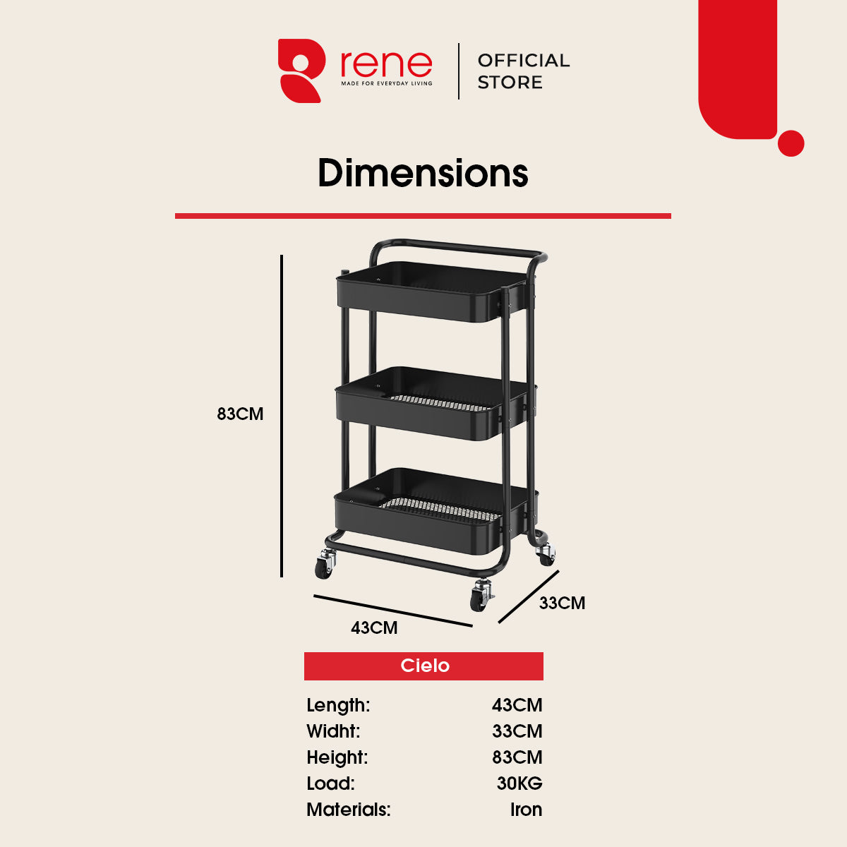 Rene Cielo 3 Tier Portable Kitchen Trolley Storage